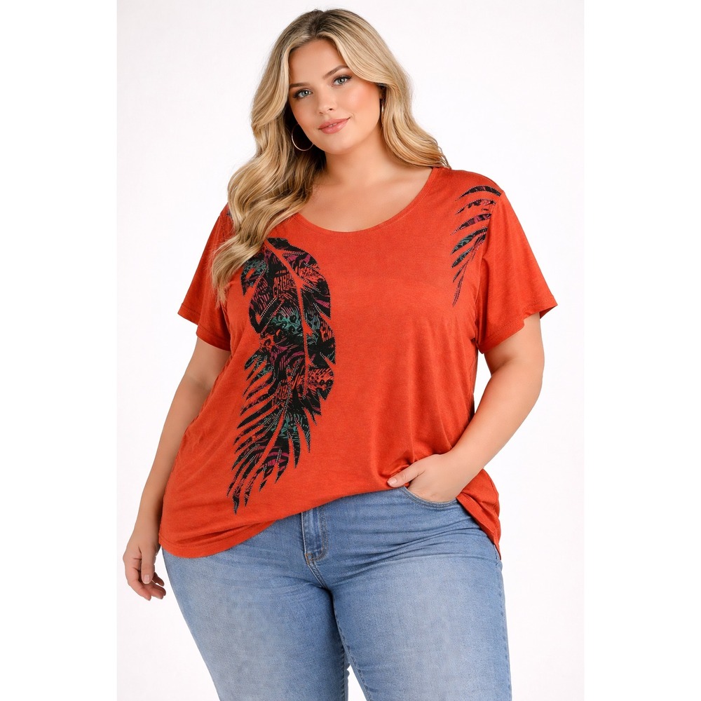 Boho Graphic Feather Tee Shirt 2XL Orange Tropical Summer Festival Artsy Top